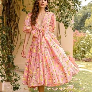 Pink Floral Tie-Front Midi Dress with Puff Sleeves NWT